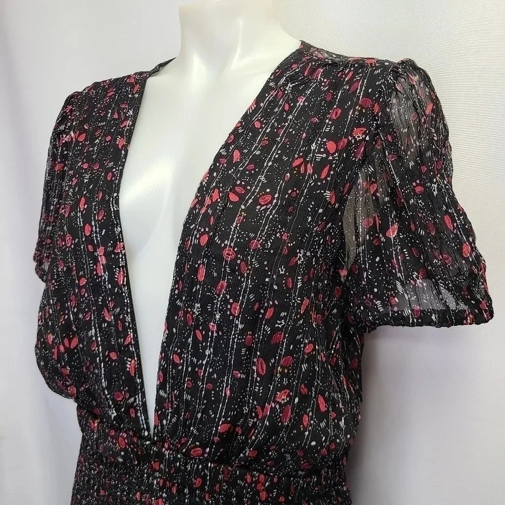 Free People Baby Love Smocked Floral Print Dress Black Red Silver Metallic Large - Picture 7 of 16